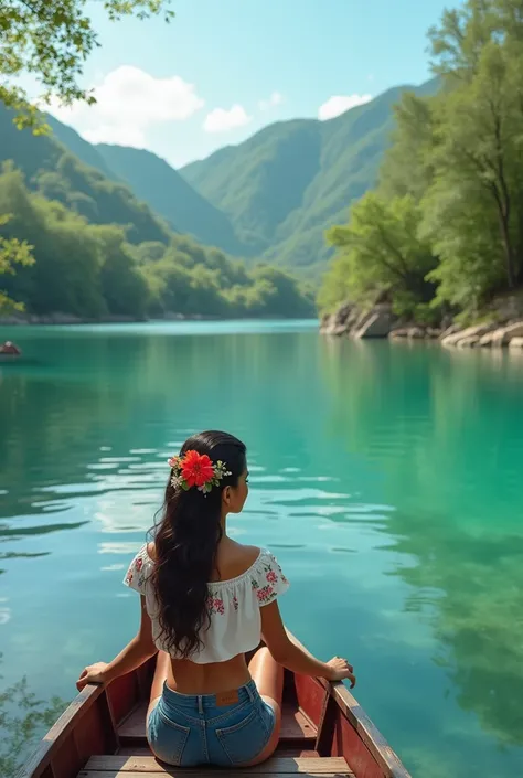 a crystal clear lake ,  vegetation around , In the background green hills .  A beautiful Latin woman is sitting in a boat.  She wears a short embroidered blouse and denim shorts .  Wearing a flower in her hair.