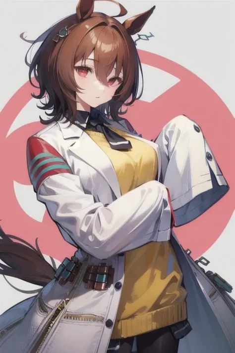  Agnes Tachyon 、Horse Girl、One person、 girl、Horse ears、Horse tail、 earring on one side 、Red eyes、 lines in eyes 、 shorthair、 brown hair 、Jacket、（White coat:1.2)、(bigger sleeve than wrist :1.1)、 yellow big sweater、 ties、 black pantyhose 、Stray hair、best qua...