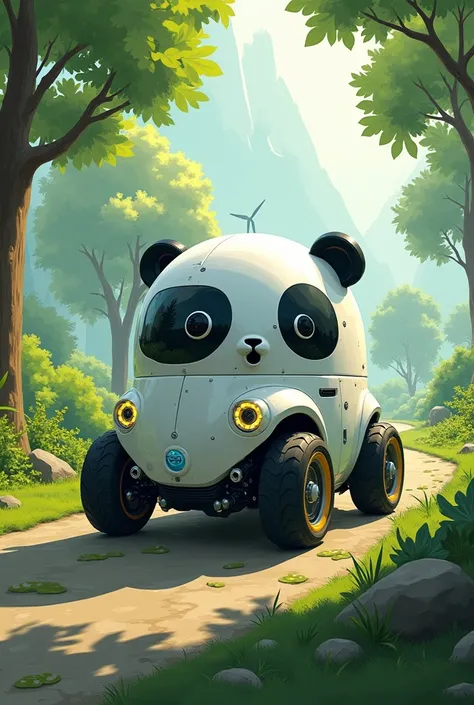 An imaginative drawing of a realistic panda robot car, an innovation of a future car that is friendly to the environment and animals in nature, reflecting the future of cars.