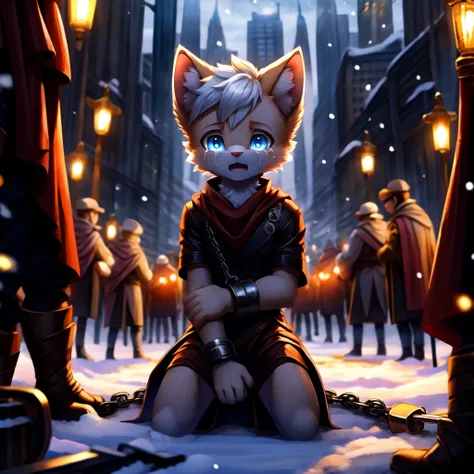 ( detailed crying , Detailed face,  detailed background ,  detailed body ),  detailed quality, 4K, high-resolution
A cute little kitten, very young, very cute, orange fur,  blue eyes ,  white hair , ( completely naked),  on a big market square,  only has a...