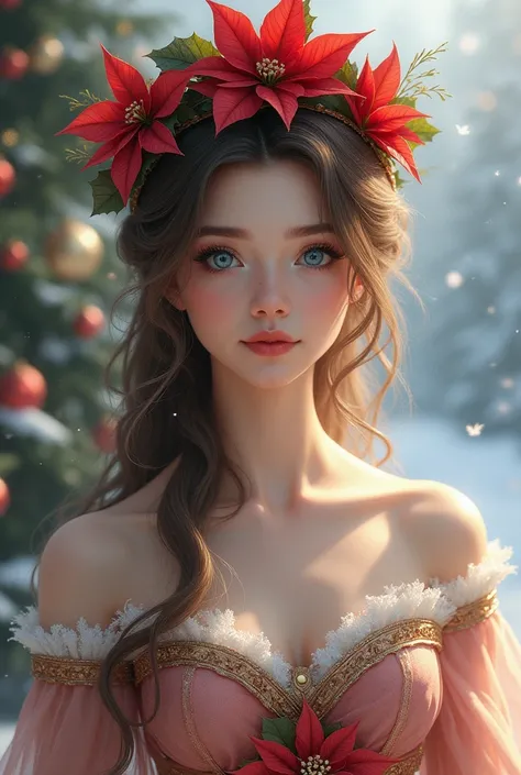 Blue eyes, queen of Christmas, brown hair, ball gown, poinsettia crown 