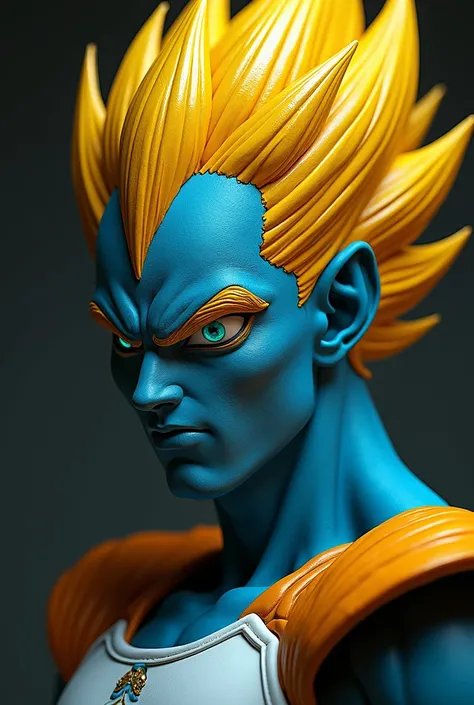 Portrait in 8k of muscular vegeta,  yellow hair, Blue eyes, intricate, elegant,  very detailed ,  full body,  majestic, digital photography,  Art by Artgerm and Ruan Jia and Greg Rutkowski ,  black hair, hairless face, broken glass ( masterpiece ,  side li...