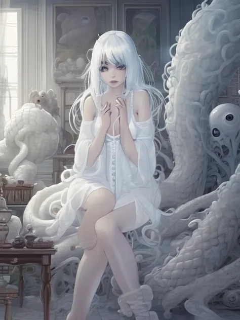 A beautiful girl wearing a semi-transparent white babydoll, with two monsters behind her, the monsters tentacles hug her body, she has a sad face, there is a white mist in the room