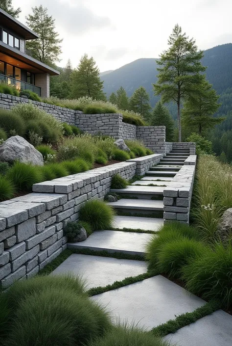 Landscape design on a slope, rob,  stone walls , Modern