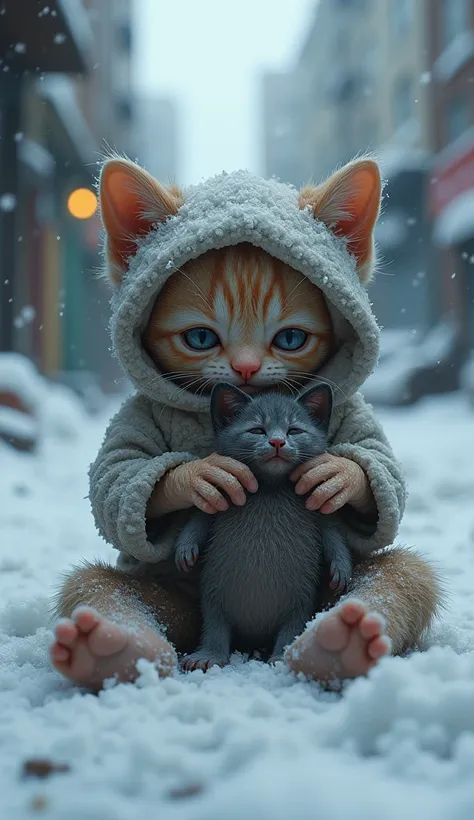 A kitten and her tiny baby in the garbage and dirt&#39;It snowed heavily，Everyone is sad ，Very helpless， frozen and shivering ，Freeze into ice cubes， very detailed and realistic， Best Quality 