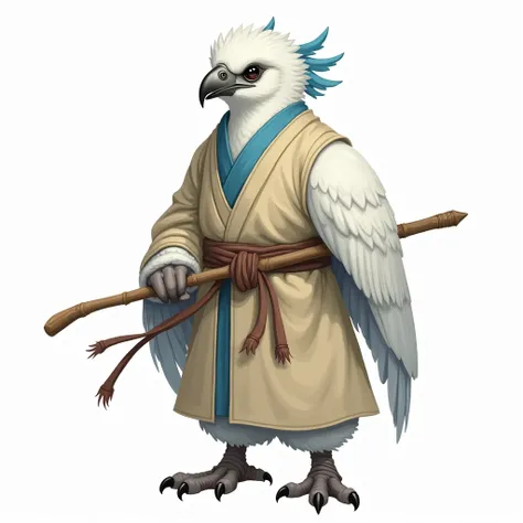  An aarakocra with white plumage with bluish details on the wings and on the top of his head. His eyes are black and serene .  He wears simple monk costumes in shades of beige and blue ,  and he carries a shabby wooden staff .  Art painting semi-realistic ...