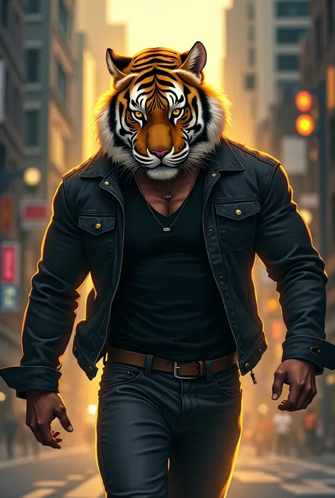 A man with the head of a tiger and a jacket of 
Jean Negra walks around the city very confidently.   He has a golden aura around him that shows that its a good day.  His body is in full color while the city is dark Anime image 