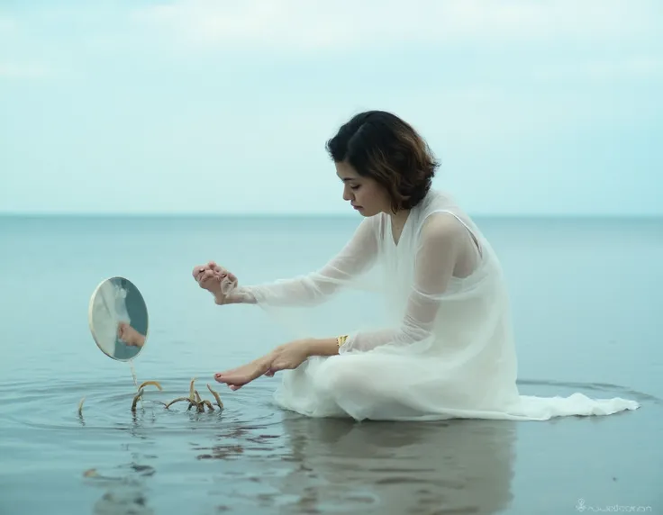 A masterpiece of photography Canon eos 8k.uhd Thai girl, 19 year old girl, girl with short wavy hair. insert round mirror Wearing a see-through white dress, sitting on the sea, catching shrimp.