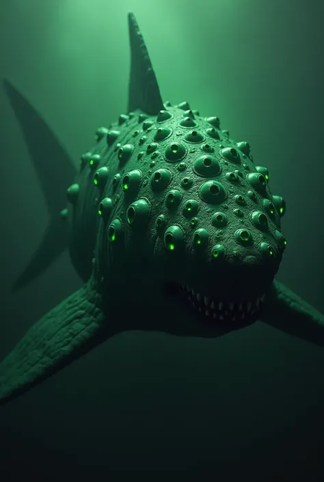 Eyefestation is a black malformed bull shark with numerous bright green glowing eyes of various sizes across the top of its snout and along its body. These eyes constantly produce rays of green light, which Eyefestation uses to hunt its prey.