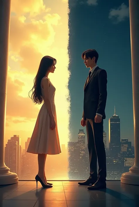  An image of a place divided between day and night . On the sunny side ,  has a beautiful young woman in a MIDI dress and heels ,  she has long black hair .  On the side where it is at night there is a beautiful young man with straight black hair well dres...