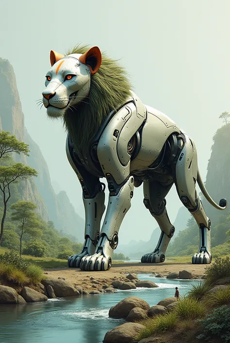 An imaginative drawing of a realistic lion robot , an innovation of a future car that is friendly to the environment and animals in nature, reflecting the future of cars.