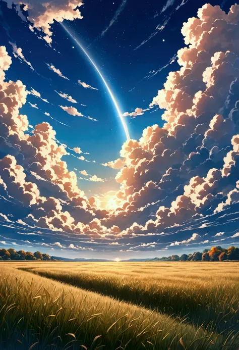 Draw simple art in the Tintinpixai style, a !!!   in a large field of grasses, autumn, with realistic celestial clouds in the sky, Incredible sky, Stunning photo, Epic and impressive, Crossing the Blue Horizon, anime beautiful peace scene, realistic anime ...