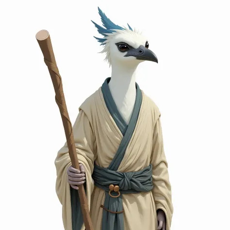  An aarakocra with white plumage with bluish details on the wings and on the top of his head. His eyes are black and serene .  He wears simple monk costumes in shades of beige and blue ,  and he carries a shabby wooden staff .  Art painting semi-realistic ...