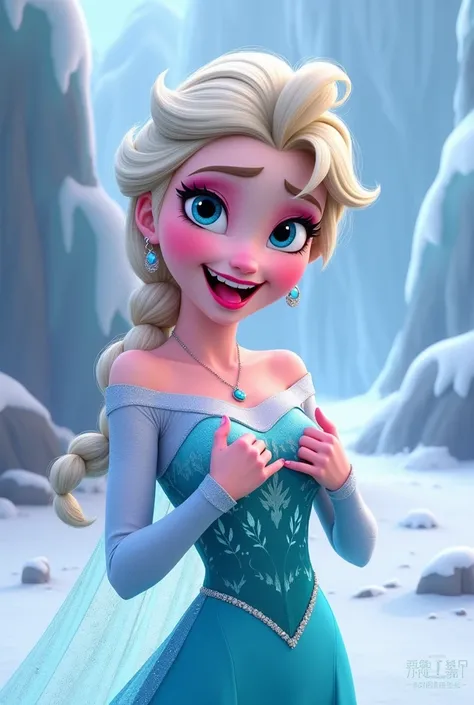 Elsa from Frozen with her tongue sticking out and squeezing her breasts