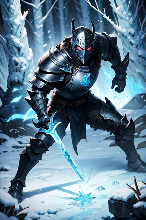 ( best quality) Warrior in black armor , dark blue details,  mask covering his black mouth and blue details, Ice sword, ice powers,  in the frozen forest background 