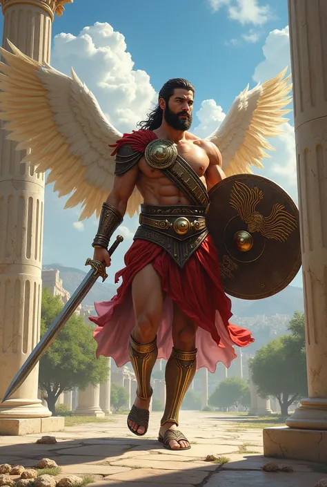 Greek human wearing the winged sandals of Hermes Greek God to fight