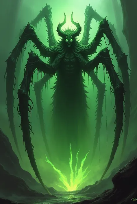 Demonic Sin of Greed with green spider motif