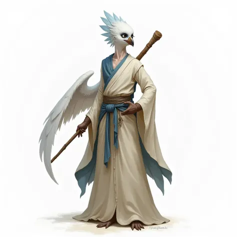 A humanoid female half-bird with white plumage with bluish details on the wings and top of the head. His eyes are black and serene .  He wears simple monk costumes in shades of beige and blue ,  and he carries a shabby wooden staff .  Art painting semi-rea...