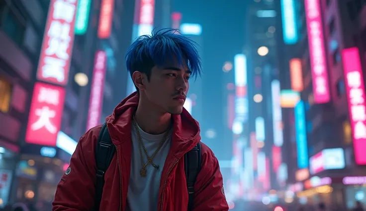 Handsome Boy Cyberpunk Beat Beutifull, Handsome cyberpunk south east asia man, thick eyebrow,Hooded Eyes,short blue hair, pacing on neon-lit streets, The skyscrapers exude a futuristic vibe, Complete your style with bold colors and modern accessories, The ...