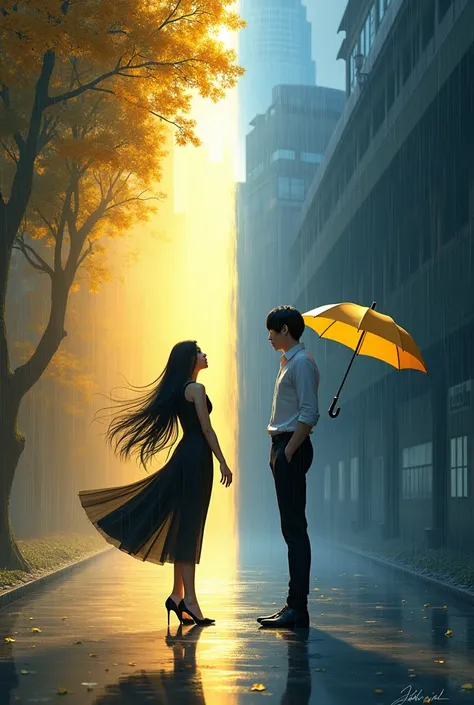  An image of a place divided between day and night . On the sunny side , Theres a beautiful young woman wearing a black MIDI dress and heels ,  she has long black hair .  On the side where it is at night there is a beautiful young man with straight black h...