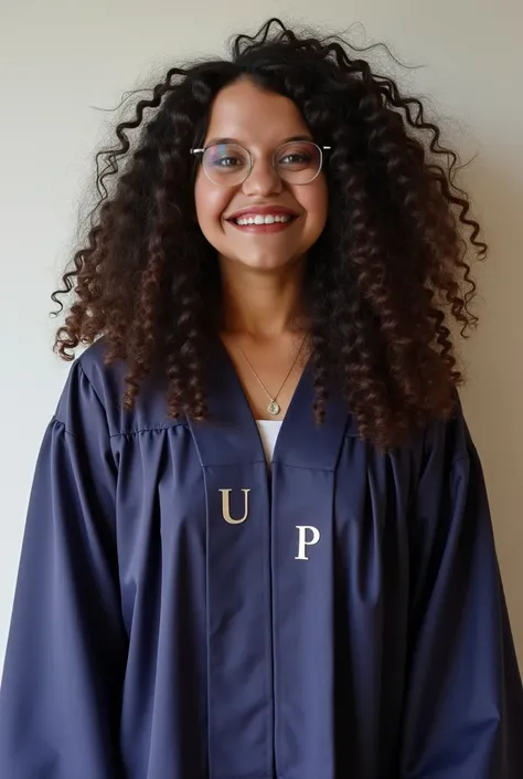  20-year-old girl,  with curly hair up to the shoulders , with glasses, tes morena, A little slouchy and chubby build smiling without showing her teeth, wearing a psychology gown ,  where the initials of the robe say UPN