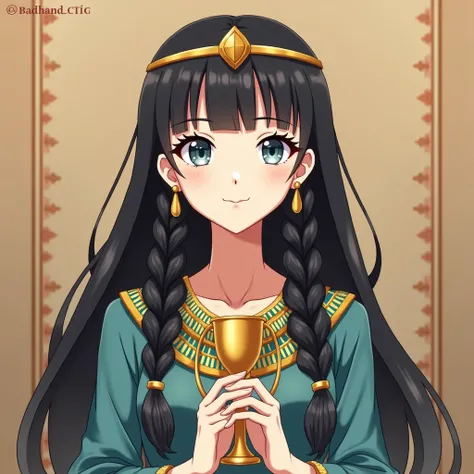 This is an anime illustration of a girl wearing ancient Egyptian-style clothing. This is a woman who is the queen of ancient Egypt. She has gray-blue eyes and medium-long black hair. Her hairstyle is in a typical Egyptian style, with neat bangs and Multipl...