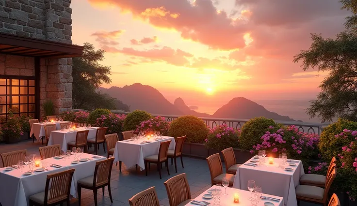 I recommend a very beautiful restaurant located on the roof of an ancient stone castle, large white tables and large lush flower beds around it, with an incredibly beautiful sunset in a realistic style in the background


















