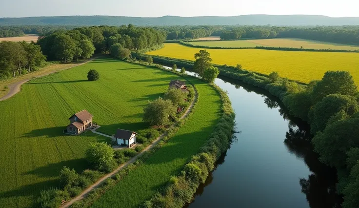 a river seen from a drone  ,  and some people cultivating crops ,  living in their happy homes 