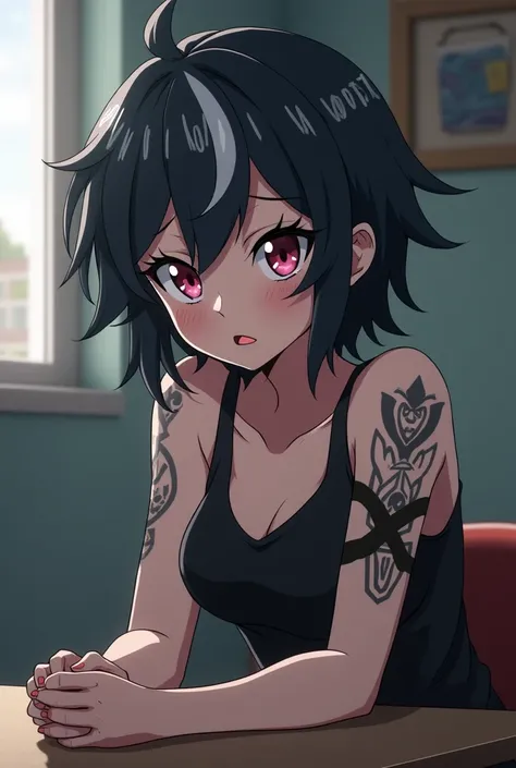 she is so beautiful, sitting on a desk, screenshot from anime boku no hero academia, pink and blue eyes, 19 year old girl, the iris of the left eye is dark PINK and the iris of the right eye is BLUE, lips light pink, tattooed white skin, in ANIME HD 34K, b...