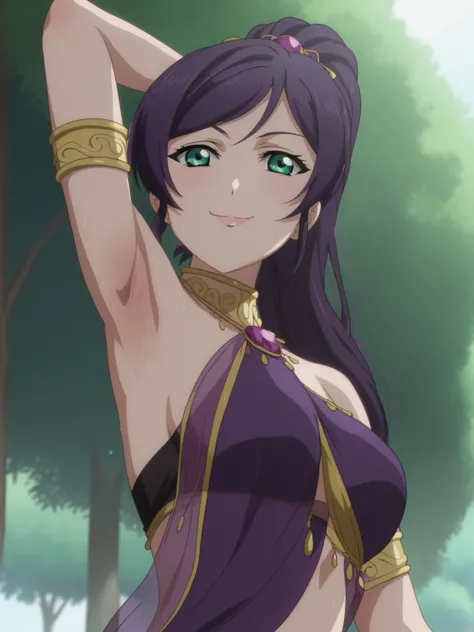 score_9, score_8_up, score_7_up, source_anime, anime screencap, 1girl, solo, nozomi toujou, purple hair, ponytail,green eyes, purple arabian dancer outfit, bare shoulders, bare arms, arm behind head, armpits, looking at viewer, head towards viewer, evil sm...