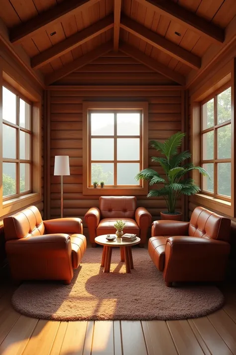  As an image of a living room with a set of three brown armchairs, a round table ,  a heart rug ,  the house is made of medium-sized wood .