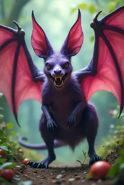  large animal half bat half kangaroo ,  wings and large ears of vampires and very strong legs of kangaroos,  uses its sharp teeth to protect itself ,  is purple and pink in color its body , It eats grass and fruit , that looks tender 
