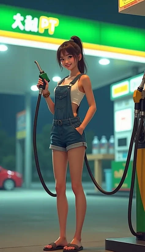 A cheerful young Thai woman stands in front of a gas station at night. She holds a fuel nozzle in one hand and smiles brightly. Her hair is tied in a neat ponytail. She is wearing very short overalls and no underwear. She has one of the overalls untied. Sh...