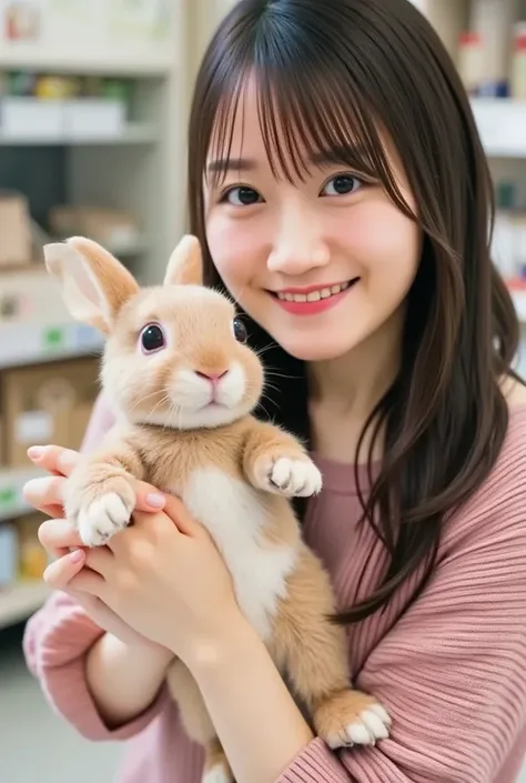 パステルカラーのオフショルダーWearing、A smiling woman posing alone 。 is a material that makes you feel warm just by touching it softly and gently,  firm  , Im holding a rabbit with both hands ,  Wearing、Physical-based rendering of , Looking above my collarbone 、 The back...