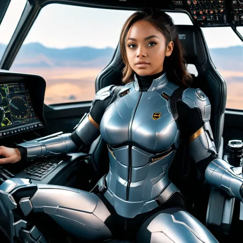 Highly detailed photo of a girl, SF soldier, 25yo, Mech warrior of women mercenary, Hyper huge saggy boobs, (body armored on body suit), wide open chest, sitting like a queen, Stately and dignified, Very dissatisfied look, (headset, Powerful and beautiful ...