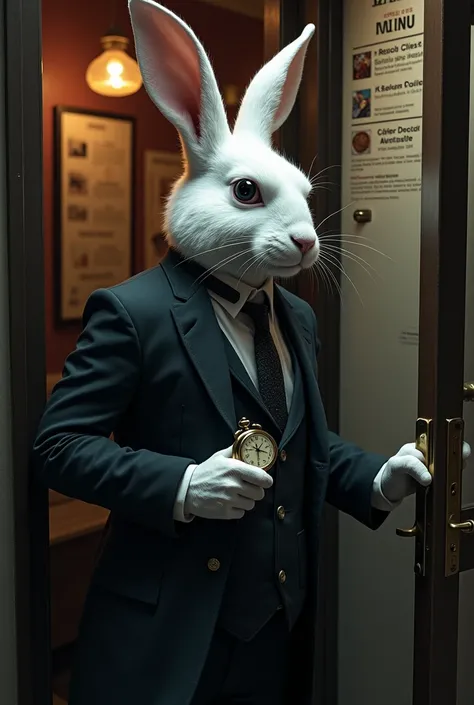 Humanized white rabbit dressed a smoking, knocking a restaurant door, with a datailed menu on the wall, dark and terrify atmospheric, deadly mood