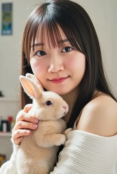 パステルカラーのオフショルダーWearing、A smiling woman posing alone 。 is a material that makes you feel warm just by touching it softly and gently,  firm  , Im holding a rabbit with both hands ,  Wearing、Physical-based rendering of , Looking above my collarbone 、 The back...