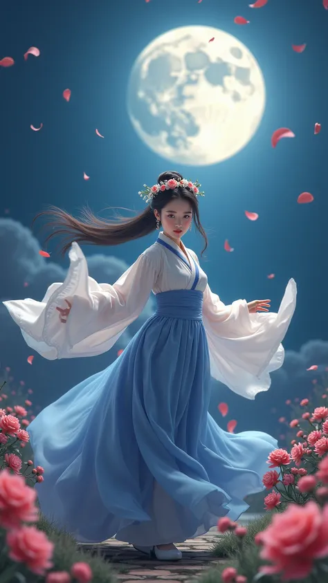  Best Quality , High target_Resolution, Clear_Image ,  detailed background ,[girl, hanbok,flower,flower園,moon, night,Dutch angle,  in motion , crown,