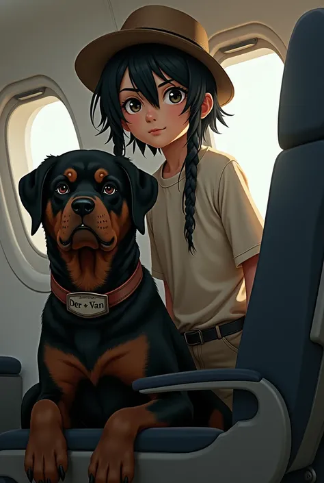 A boy in a shirt and pants and with long black hair wearing a hat ,  with Chinese eyes with his black rottweiler dog and has a collar with his name der and van on a plane, 
