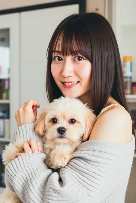 パステルカラーのオフショルダーWearing、A smiling woman posing alone 。 is a material that makes you feel warm just by touching it softly and gently,  firm  , Im holding a dog with both hands,  Wearing、Physical-based rendering of , Looking above my collarbone 、 The backgrou...