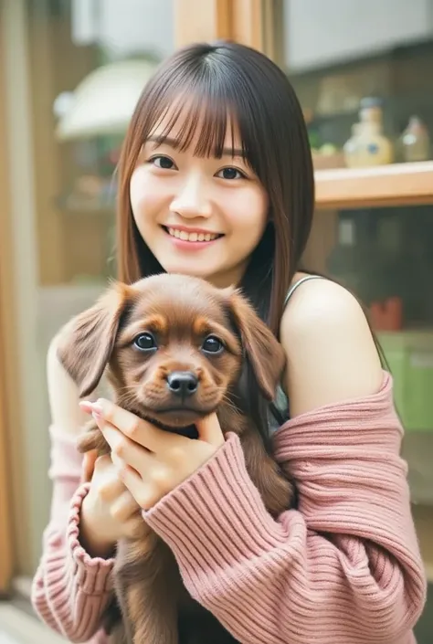 パステルカラーのオフショルダーWearing、A smiling woman posing alone 。 is a material that makes you feel warm just by touching it softly and gently,  firm  , Im holding a dog with both hands,  Wearing、Physical-based rendering of , Looking above my collarbone 、 The backgrou...