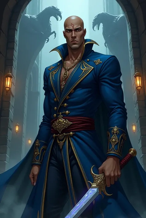 in Ayami Kojima anime style, Isaac from the Castlevania anime, a tall, bald man, with brown skin, with a glowing dagger, blue clothing with gold trim, and a scar on his face, monsters in the background, gothic, medieval, soft lighting, very detailed, wide ...