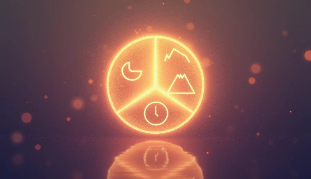 A modern, clean thumbnail background featuring a glowing circle at the center, divided into three sections, each with a unique icon representing a key story theme: a clock for valuing time, a mountain for perseverance, and a handshake for impactful actions...