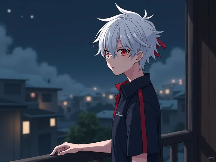   Kaedehara Kazuha (man)  anime drawings  ,  white hair ,  Strand of red hair below ,  bright red eyes, con ropa casual, sobre un balcon, en la noche