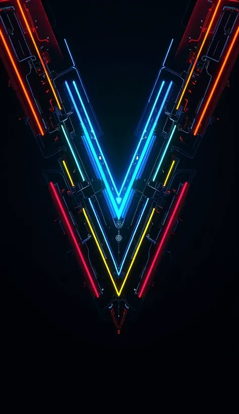 Image is a digital artwork featuring a futuristic, symmetrical design with a high-tech aesthetic. The layout is vertical, showcasing a complex arrangement of geometric shapes and lines. The color palette includes vibrant neon hues such as blue, red, yellow...