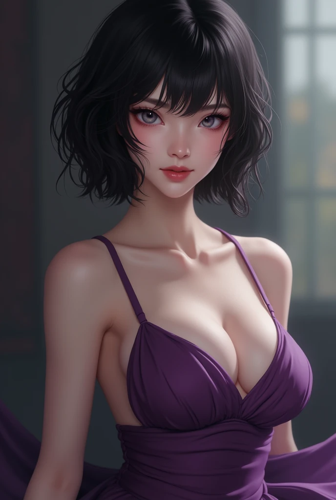 Make a half-Japanese woman with short black hair flat with the color of fair skin with eye color half gray in a purple dress in a sensual full-body pose