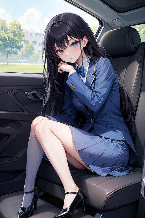 high school student ， Has long, dark hair ， with warm blue eyes ， Wore a fresh blue suit and black heels ， pure white collar and bright green bow 。 has long dark hair and warm blue eyes ， sitting in a car seat ， spread legs