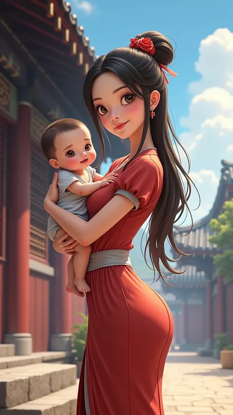 {{masterpiece,  Best Quality ,  extremely detailed CG ,   unity 8k  ,   movie lights  }}, Chinese ink painting, 1girl, 1 baby ,  young woman holding baby, whole body, ancient building, blue sky,  Sunny Day , wooden building, Famous protagonist , Smile,  bi...