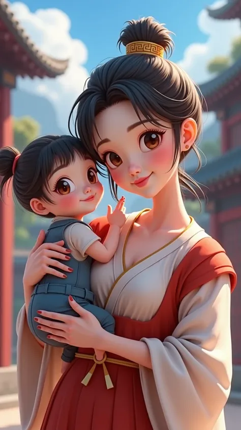 {{masterpiece,  Best Quality ,  extremely detailed CG ,   unity 8k  ,   movie lights  }}, Chinese ink painting, 1girl, 1 baby ,  young woman holding baby, whole body, ancient building, blue sky,  Sunny Day , wooden building, Famous protagonist , Smile,  bi...