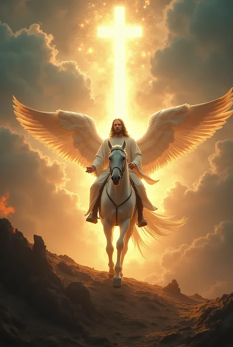 Jesus coming on a horse in a glowing cloud and the angels shining following him and planet Earth being destroyed. 